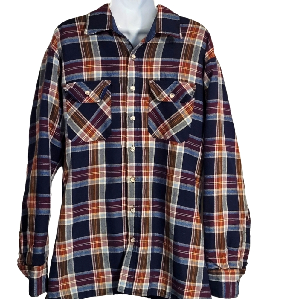 Vintage Sears Navy / Burgundy Plaid Flannel Button Up Lined Shirt Size L